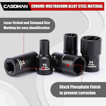 CASOMAN 16PCS 1/2" Drive Impact Bolt and Nut Extractor Socket Set, Stripped Lug Nut Remover Include Hex Shank Adapter & Pin Bar, for Removing Damaged Rusted Broken Rounded Fasteners off, CR-MO, Metric - size: 16-Piece
