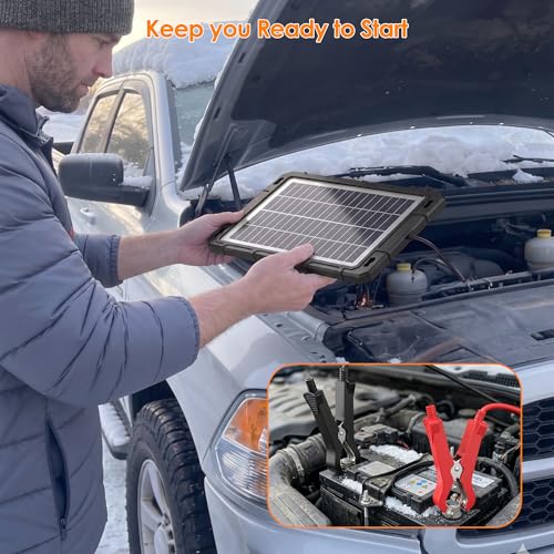 Rhorawill 8W 12V Solar Battery Charger & Maintainer, Waterproof Solar Panel Trickle Charging Kit Built-in Charge Controller, Solar Trickle Charger for Car Boat RV Motorcycle Trailer Automotive, etc.