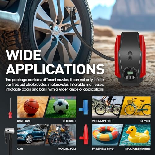 DNA MOTORING Tire Inflator Portable Air Compressor, 12V DC Air Pump for Car Tires, Bike, Motorcycle, Ball, Electric Bike Tire Pump with Pressure Gauge, LED Light, Auto Shut Off, Red, TOOLS-00679-RD - style: Standard red
