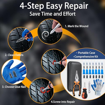 100PCS Tire Repair Kit, No Tire Removal Needed, Heavy Duty Tire Plug Kit with Tire Patch, Screwdriver & Pliers, Portable Tubeless Tire Repair Tool Set for Car, Truck, Motorcycle, SUV