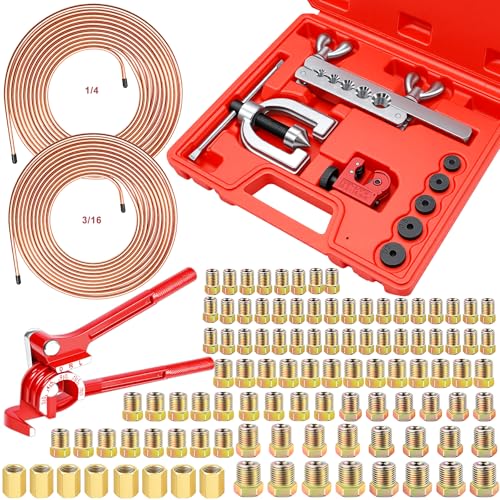 smseace 3/16 Inch+1/4 Inch Brake Line Flaring Tool Kit Include 25 FT Copper-Plated Brake Line Kit with 94pcs Fittings,8pcs Union,Tubing Bender,Double & Single Flare Tool,Cutter - color: Gold-B, size: 3/16inch+1/4inch