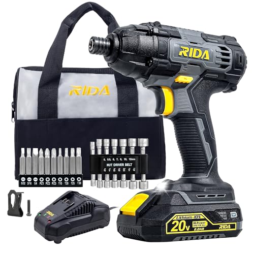 RIDA Cordless Impact Driver Kit 20V 180Nm Torque Home DIY & Repair Projects | 1/4" All-Metal Hex，0-2800RPM, Variable Speed, 2.0Ah Battery, 1H Fast Charger, 25 Driver Bits, Storage Tool Bag - style: Cordless Impact Driver