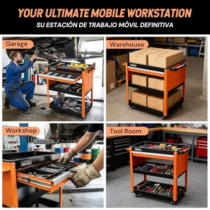 SEKAM 3-Tier Rolling Tool Cart: Heavy Duty Mechanic Service Cart with Drawer for Garage & Warehouse – Metal Utility Trolley Organizer with Locking Wheels & Screwdriver Holder (440LBS Capacity)