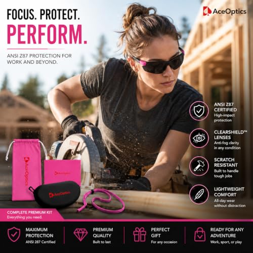 Safety Glasses – ANSI Z87 Certified, 5X Anti-Fog ClearShield™ Lenses with Premium Hard Case & Accessory Bundle - color: Pink & White / Tinted