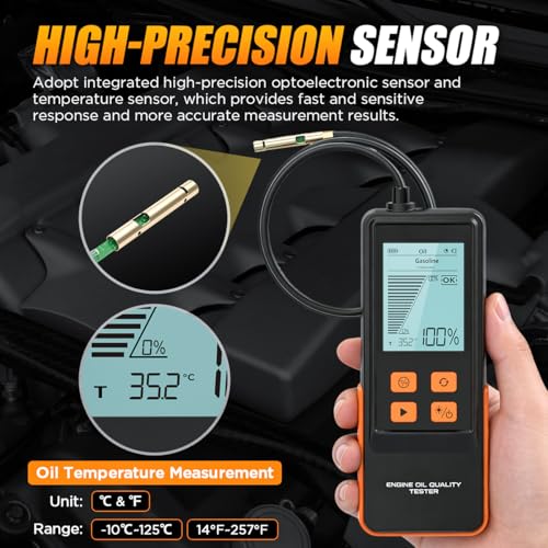 Engine Oil Tester Gasoline & Diesel Engine Oil Quality Tester Detector Analysis Kit High-Precision Car Oil Diagnostic Tool with 50inch Flexible Probe, Identifier & Sound Prompt, 2.8in Backlit Display - color: Orange
