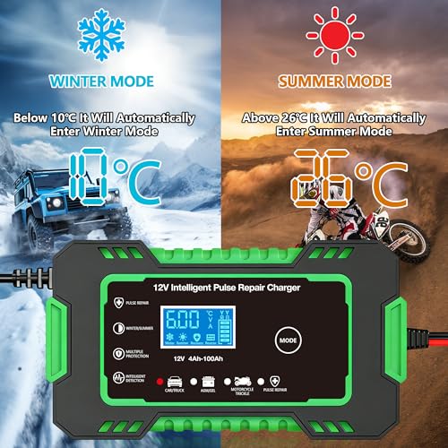 12V 6-Amp Battery Charger, Smart Trickle Charger Maintainer Green | Battery Desulfator, Winter & Summer Mode, Lead-acid Battery Chargers, for Car Truck Motorcycle Lawn Mower Boat - color: GREEN