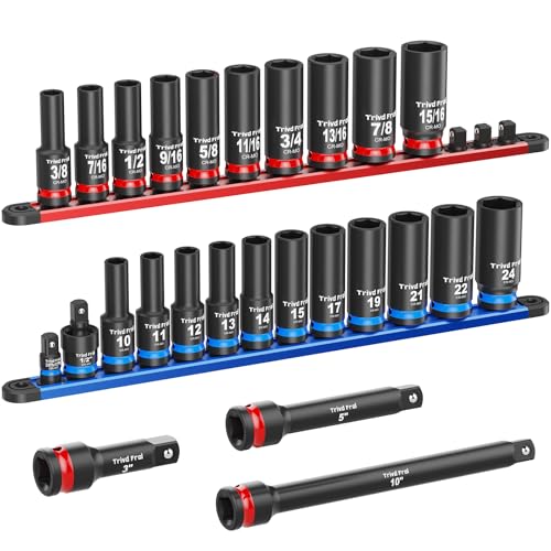 Deep Impact Socket Set 1/2" Drive - Trivd Frol 26pcs Socket Set Metric and Standard Full with Magnetic Socket Organizer, CR-MO Metric Socket Set 10-24mm & SAE Socket 3/8"-15/16", Extensions, Adapter