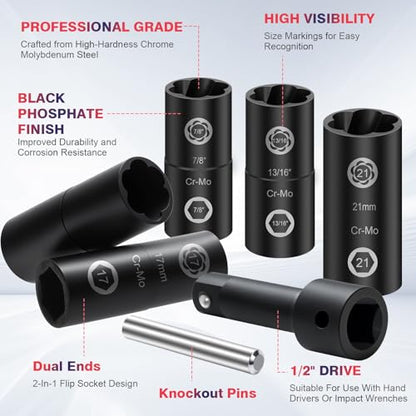 2-In-1 Lug Nut Removal Tool & Impact Socket Set, with 1/2" Drive, Easy Out Broken Bolt Extractor Kit, Ez Out Stripped Wheel Lock for Removing Rounded, Rusted Bolts, Nuts & Screw 7-Pieces