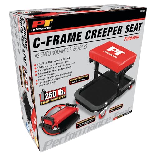 Performance Tool W85021 Folding C-Frame Creeper Rolling Work Seat with Tool Tray for Mechanic Garages and Workshops, Black/Red, 12.5-inch Height - style: C-Frame Seat (Folding)