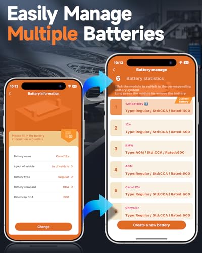 FOXWELL BT60 Bluetooth Car Battery Tester, 12V, 100-2000CCA Load Tester | SOH & SOC, Cranking & Alternator Charging Test, Multi-Battery History Review, Instant Report Sharing, Custom Battery Naming