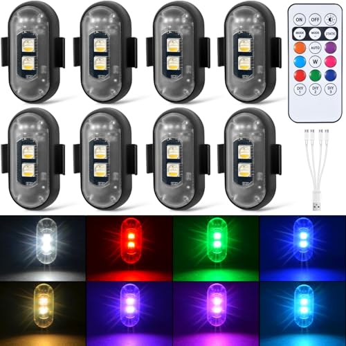 8PCS Wireless LED Strobe Lights with Remote Control, 8 Colors Rechargeable Led Lights Anti-Collision LED Emergency Warning Lights for Car Motorcycle Bike Drone Aircraft - size: 8pcs