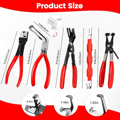 5Pcs Automotive Electrical Disconnect Pliers Kit, Connector Removal Tool, Straight Hose Clamp Plier, Single Ear Clamp Plier, 60° Angled Pliers, 2 in 1 Clip Pliers with Case - color: 5Pcs