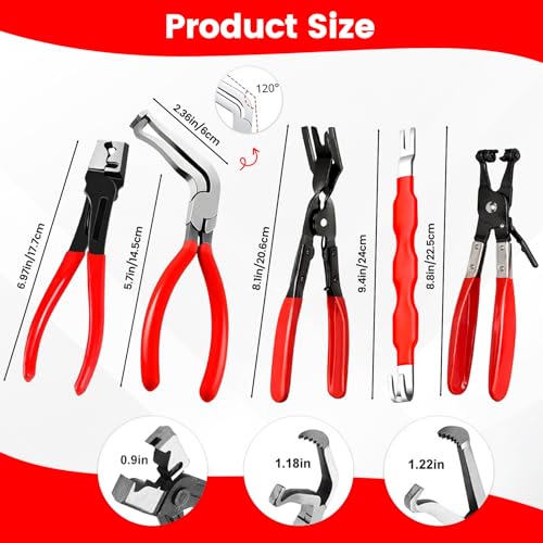 5Pcs Automotive Electrical Disconnect Pliers Kit, Connector Removal Tool, Straight Hose Clamp Plier, Single Ear Clamp Plier, 60° Angled Pliers, 2 in 1 Clip Pliers with Case - color: 5Pcs