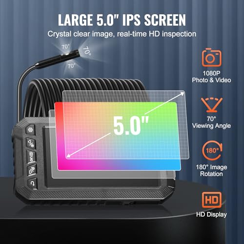 VEVOR Endoscope Camera with Light, Triple Lens Borescope with 49.2FT Semi-Rigid Cable, 5" Screen 1080P Inspection Camera, 8 + 2 LED Lights, IP67 Waterproof Snake Cameras for Auto, Plumbing (32GB Card) - size: 5" IPS Screen-49.2FT