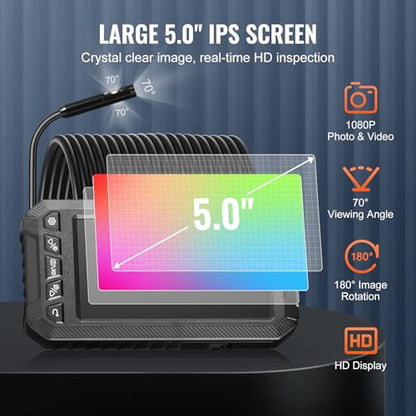 VEVOR Endoscope Camera with Light, Triple Lens Borescope with 49.2FT Semi-Rigid Cable, 5" Screen 1080P Inspection Camera, 8 + 2 LED Lights, IP67 Waterproof Snake Cameras for Auto, Plumbing (32GB Card) - size: 5" IPS Screen-49.2FT