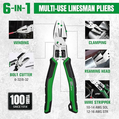 SK 8-Inch Multi-Use Linesman Pliers, 6-IN-1, Premium CR-V Steel Construction, Ergonomic Anti-slip Handle for Comfortable Grip - style: Multi-Use Linesman Pliers