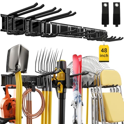 48" Garage Tool Organizer Wall Mount, 660lbs Heavy Duty Steel Garden Tool Storage Rack with 9 Adjustable Hooks for Yard, Shed, Garage (3 Racks, 9 Hooks, 2 Straps) - size: 48inch