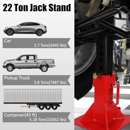 22 Ton (44,000 lbs) Heavy Duty Jack Stands, Pin Type with Safety Lock, Adjustable Height 13"-19" for Trucks, Trailers & Cars, 1 Pair, Red