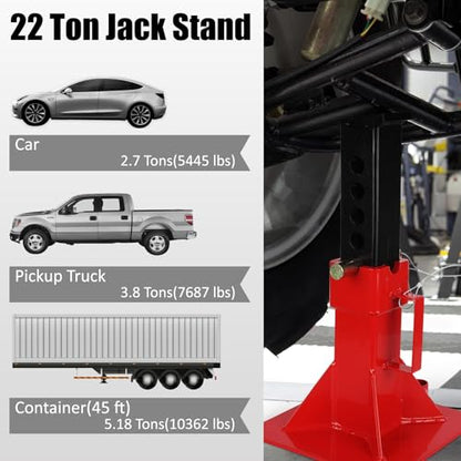 22 Ton (44,000 lbs) Heavy Duty Jack Stands, Pin Type with Safety Lock, Adjustable Height 13"-19" for Trucks, Trailers & Cars, 1 Pair, Red