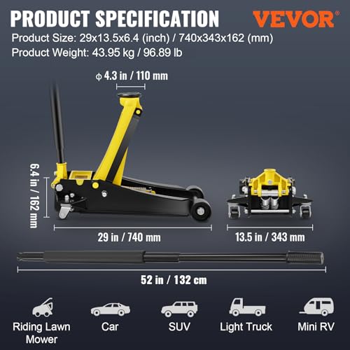 VEVOR 4 Ton Low Profile, Heavy-Duty Steel Racing Floor Jack with Dual Pistons Quick Lift Pump, Lifting Range 3.94"-20.98"