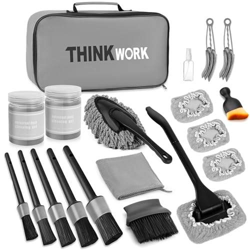 THINKWORK Windshield Cleaner Tool, Car Interior Cleaning Kit, Car Detailing Kit Interior Cleaner with10Pcs Detailing Brush Set, Gray Auto Detailing Supplies & Accessories - size: 20PCS