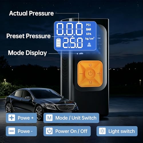 Portable Air Compressor, 150 PSI Air Pump for Car Tires with Power Bank, 12V DC Car Plug, Fast Inflation 25L/Min,Auto Shut-Off and Digital Display for Cars, Motorcycles, Bicycles, Balls