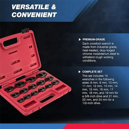 Neiko 03324A Crowfoot Wrench Set 1/2" and 3/8” Drive, 15 Piece, Metric Crows Foot Wrench Sizes 8mm-24mm, Chrome-Moly Flare Nut Wrench Set - size: 3/8" & 1/2" Drive, style: Metric