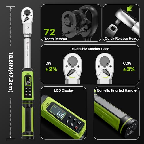 Adjustable Open End Digital Torque Wrench 1/2" Drive-2.2-147.5Ft.Lb | Interchangeable Electronic Torque Wrench(3-200N.m),40mm 2% Accuracy for HVAC Automotive Bike Moto Turck Narrow Pipeline DIY - size: 1/2" 2.2-147.5FT.LB, style: Digital