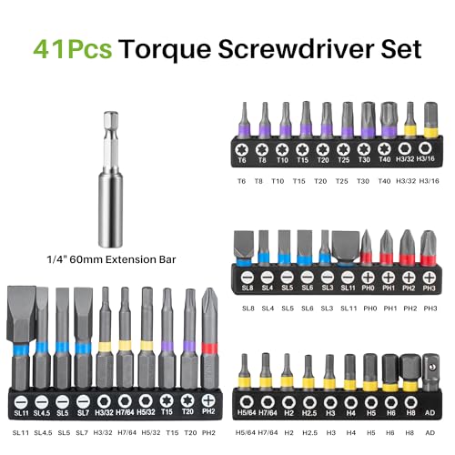 43Pcs Torque Screwdriver, 10-80In-lb for Maintenance, Gunsmithing | 1/4" Drive Torque Wrench Set, Inch Pound Torque Screwdriver with S2 Bits, Extension Bar for DIY, Bike Repairing, Gunsmith - size: 43Pcs