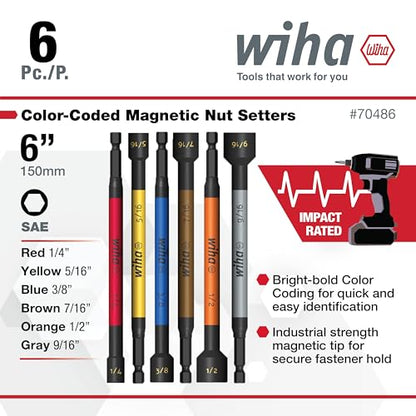 Wiha 70486 Magnetic Nut Setter Set, 6 Piece SAE, Color Coded, 1/4-Inch Hex Drive, Impact Rated