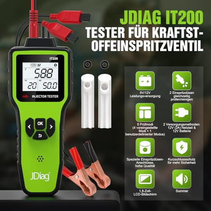 JDIAG Universal Fuel Injector Tester Cleaner Kit - 4 Preset & 1 Custom Mode, Test 2 Injectors Simultaneously, DIY Cleaning Tools with Dedicated Fuel Injector Connectors, 12V/5V Output Power