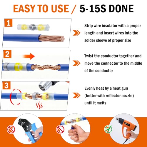 460PCS Waterproof Solder Seal Wire Connectors & 3:1 Heat Shrink Tubing with 1800W Heat Gun Kit 122℉~1202℉ Variable Temp 1.5S Fast Heating Overheat Protection for Auto Marine & Wiring Repair 10-26 AWG - size: 460pcs