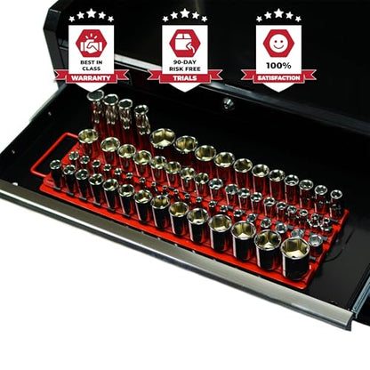 Olsa Tools Socket Organizer Tray - Portable Red Rail with Black Clips - Stores 80 Sockets Securely - Professional-Grade Socket Holder - Part 1047 - color: Red Tray/Black Clips