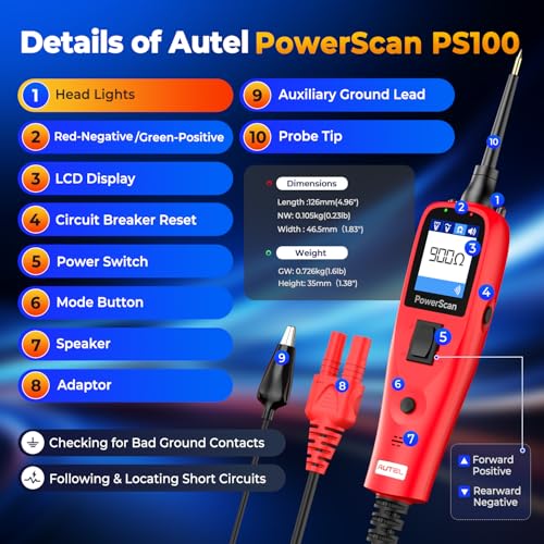 Autel PowerScan PS100 Automotive Circuit Tester 2.0, 12-24V Power Circuit Probe Tool, Electrical Short Open Circuit Finder, AC/DC/Resistance/Component/Signal/Test Light Automotive, 20ft Extension Cord