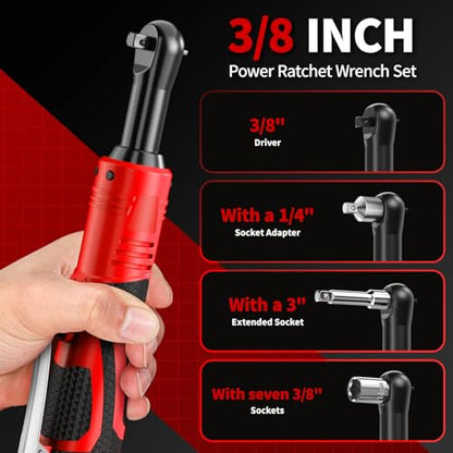FULLYEA Cordless Electric Ratchet Wrench Set, 40 Ft-lbs, 550 RPM Power Ratchet,16.8V electric ratchet 3/8" drive with Variable Speed, 1/4" Adapter, LED Light, 2 * 2.0Ah Batteries and Fast Charger