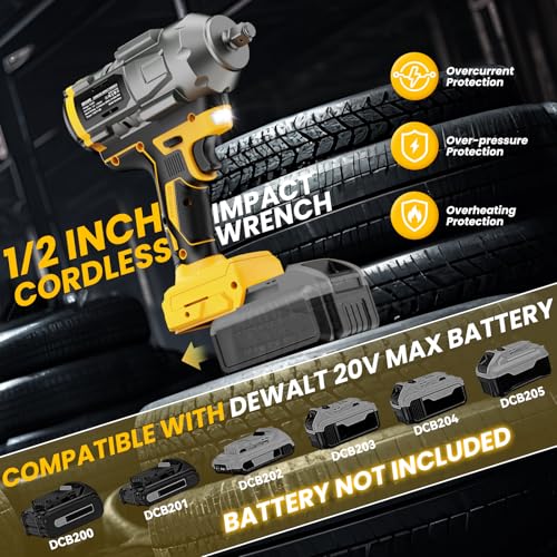 Cordless Impact Wrench 1/2 inch for Dewalt Battery, Impact Wrench 1360N.m(950Ft-lbs) High Torque Brushless Electric Impact Gun, Power Impact Driver with 3-Mode Speed, LED Work Light(no battery)