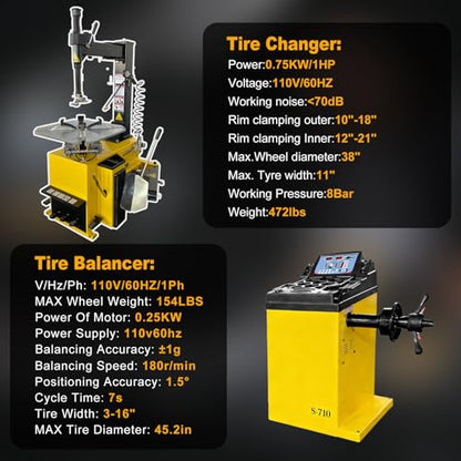 Tire Changer and Wheel Balancer Combo with 12"-24" Rim Capacity, 110V Dual Machine Set for Garage Workshop and Tire Repair Services