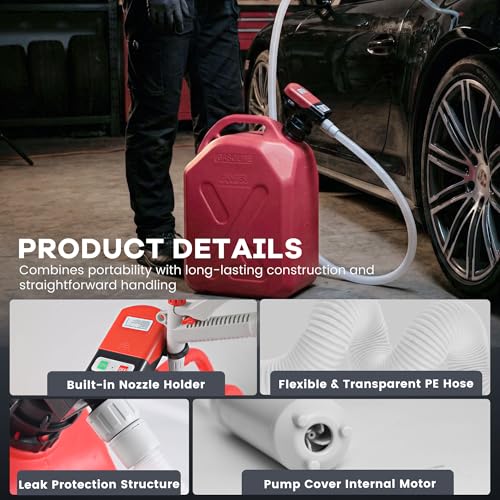 3.8 GPM Fuel Transfer Pump with 5 Adapters | 12V Battery Clip & AA Powered, 79 in Long Hose, Portable, Gas Diesel Oil Compatible, for Cars Boats Lawn Mowers Generators