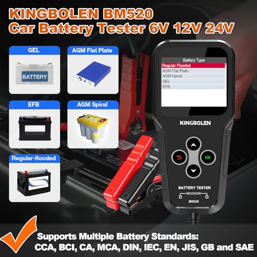 KINGBOLEN BM520 6V 12V 24V Car Battery Tester, 100-2000 CCA Automotive Load Tester Accurate Digital Auto Battery Analyzer Cranking and Charging System Tester for Cars Trucks SUV Motorcycle | Battery Load Tester Accurate Digital Auto Battery Analyzer Crank