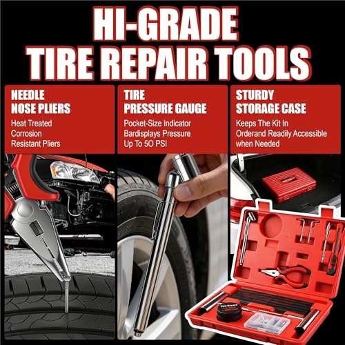 AWELCRAFT 68-Piece All-in-One Heavy Duty Tire Plug Kit – Professional Tire Repair Set, T-Handle Tools, Valve Kit, 40 Plugs, Pliers, Knife – Universal for Car - size: 68 Piece Repair Kit