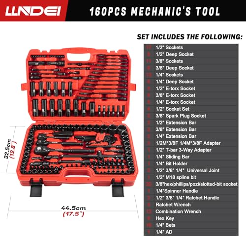 LLNDEI 160Pc Mechanics Socket Set 1/2 1/4 3/8" Drive Metric | CR-V Deep & Shallow Sockets, Metric, Quick Release Ratchet, Professional Tool Kit for Auto Repair, Truck, Garage & Home DIY - size: 160-Piece 1/2" & 3/8" & 1/4" Drive Socket Set