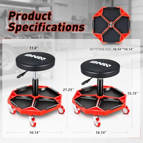 DNA Motoring TOOLS-00253 Adjustable Height Pneumatic Garage Seat Rolling Mechanic Stool with Tool Tray Storage,300lbs Max Weight Capacity - color: Red