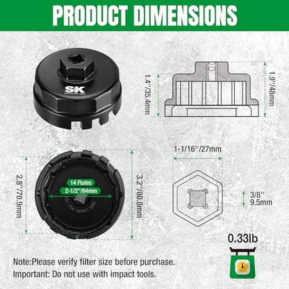 SK 64mm 14 Flutes Toyota Oil Filter Cap Wrench, 3/8" Drive, Oil Filter Removal Tool for 2.5-5.7L Engine, Fits Lexus, Camry, 4Runner, RAV4, Tundra, Tacoma, Highlander, Sienna, Sequoia, Avalon, Venza
