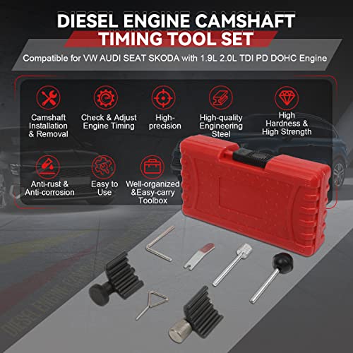 Engine Timing Tools Kit Diesel Engine Camshaft Alignment Tool Compatible for VW Audi SEAT Skoda 1.9L 2.0L TDI PD DOHC Engine High-Precision Crankshaft Locking Tool Timing Belt Tensioner Tool