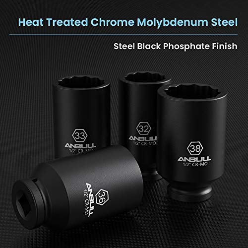Anbull 1/2" 9 PCS Deep Axle nut Impact Socket Set, CR-Mo Steel, 12-Point Design, Metric Sizes(29, 30, 31, 32, 33, 34, 35, 36, 38mm)