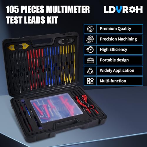 105PCS Multimeter Test Lead Kit with Hanging Loop Strap Magnetic Hanger for Fluke, Automotive Circuit Breakout Probe Kit, Banana Plug Leads & Large Alligator Clips