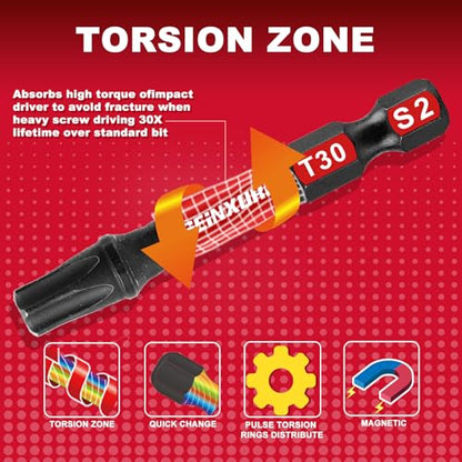 Geinxurn 51 Pieces T30 Impact Tough Magnetic Screwdriver Bit Set, 1 In. #30 Torx Head Power Bit Set, S2 Alloy Steel T30 Star Bit with 1Pcs Impact Bit Holder - size: 2"-51PCS, style: T30