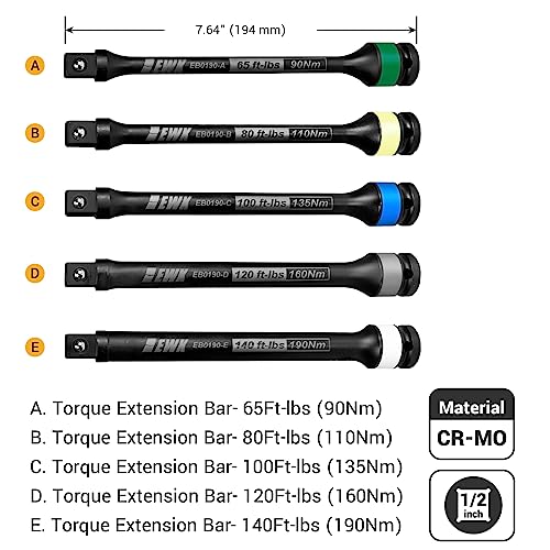 EWK 5 Pcs 1/2" Impact Torque Limiting Extension Bar Set, 65ft-lb, 80ft-lb, 100ft-lb, 120ft-lb, and 140ft-lb, High Precision Torque Limiting Stick Set with 8 Inches Long - size: 5pcs Set