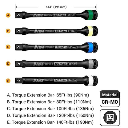 EWK 5 Pcs 1/2" Impact Torque Limiting Extension Bar Set, 65ft-lb, 80ft-lb, 100ft-lb, 120ft-lb, and 140ft-lb, High Precision Torque Limiting Stick Set with 8 Inches Long - size: 5pcs Set