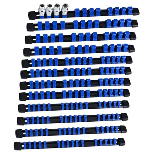 Socket Organizer Set 12PCS ABS Holder Kit - 1/4-Inch x 64, 3/8-Inch x 60, 1/2-Inch x 48 Clips, Drive Tray, Rail - Blue - color: Blue, size: 12PC 1/4x4,3/8x4,1/2x4